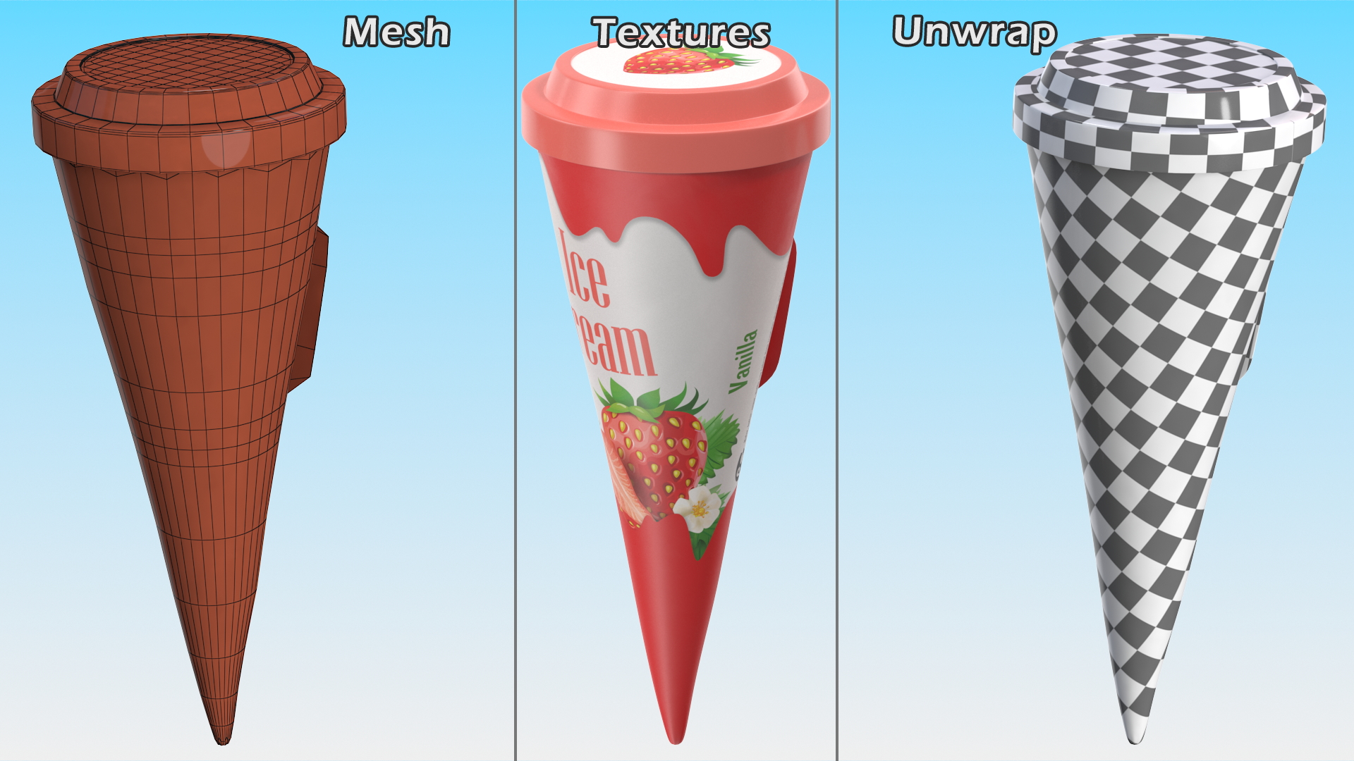3D Cone Ice Cream with Cap Mockup Strawberry