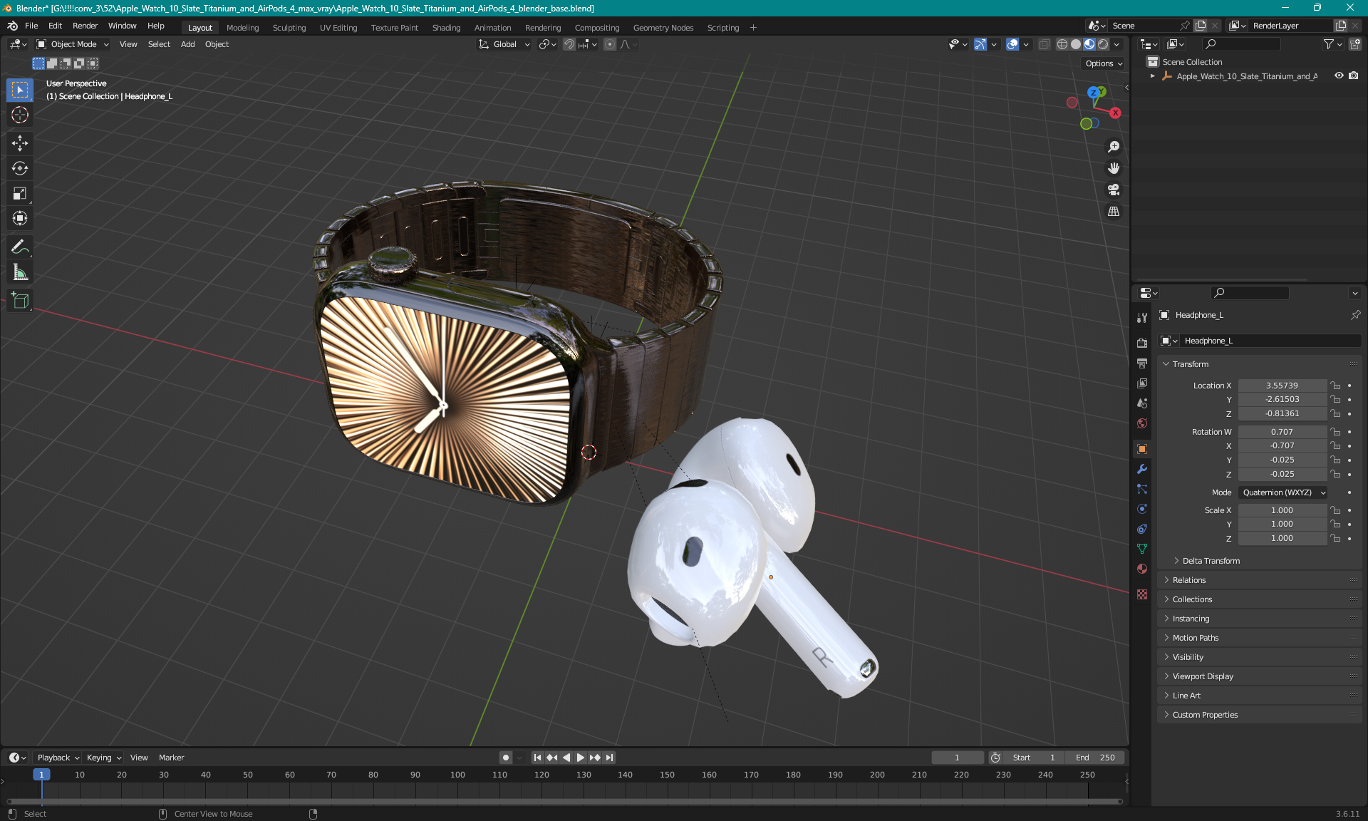 3D Apple Watch 10 Slate Titanium and AirPods 4 model