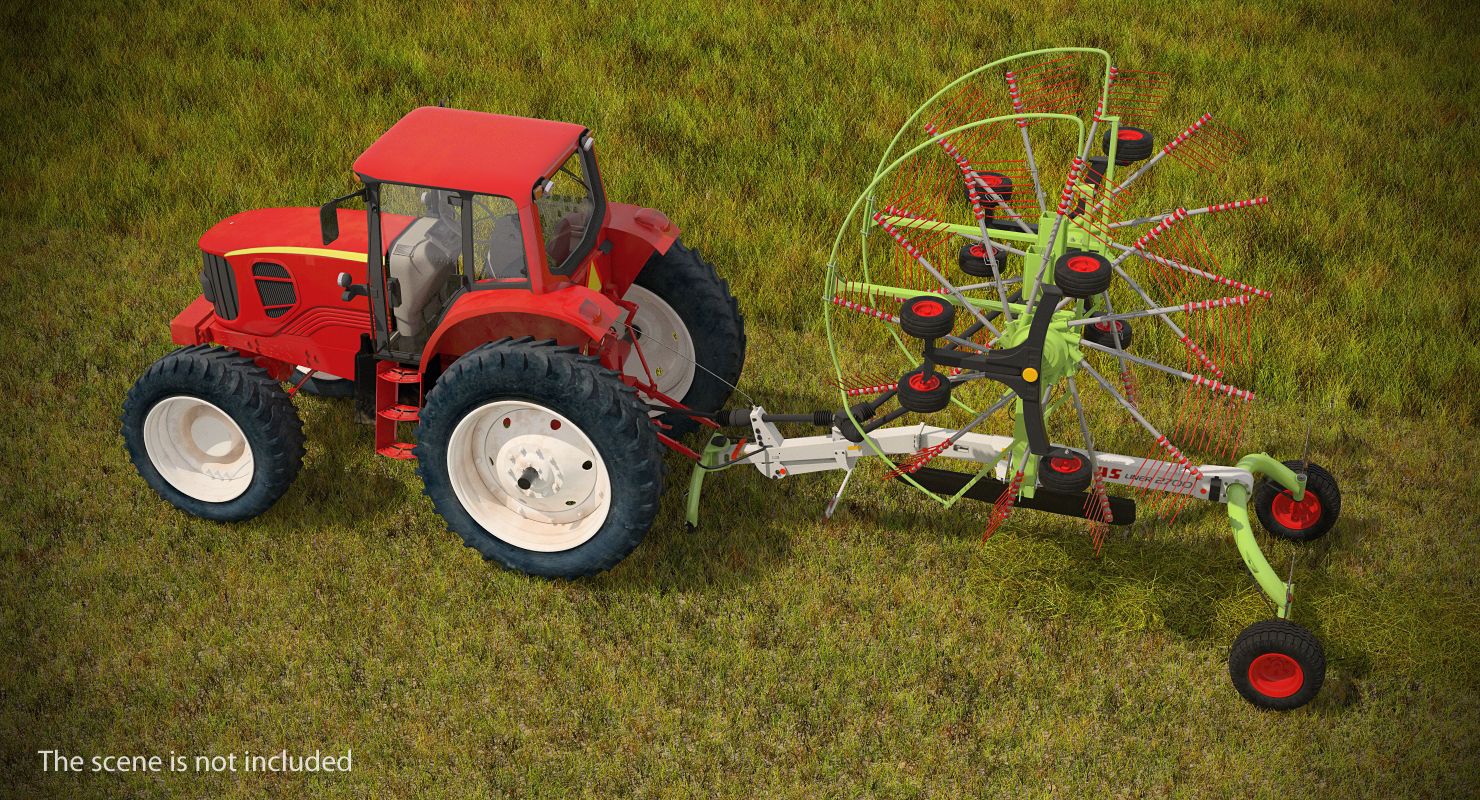 Tractor with Twin Rotor Rake Claas Liner 2700 Parked 3D