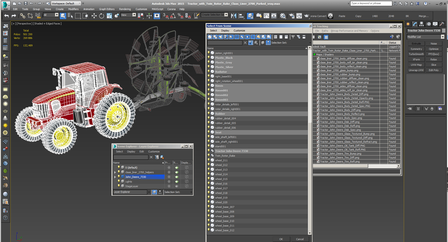 Tractor with Twin Rotor Rake Claas Liner 2700 Parked 3D