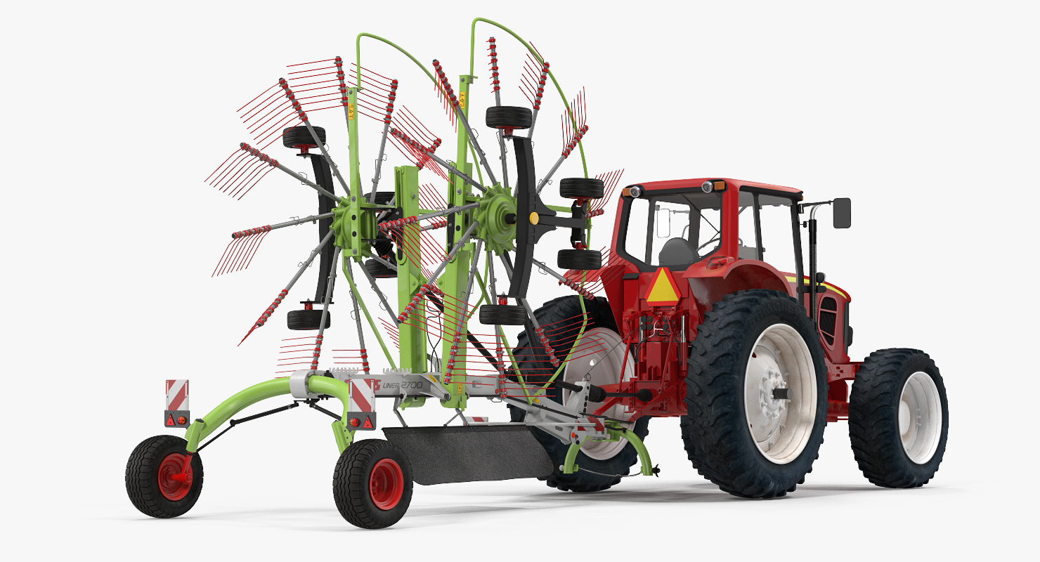 Tractor with Twin Rotor Rake Claas Liner 2700 Parked 3D