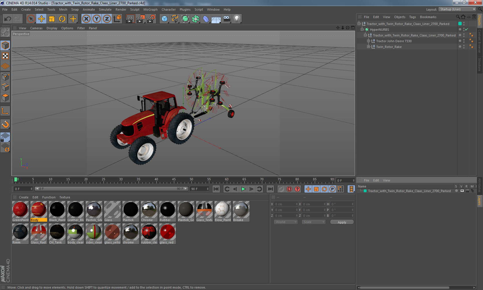 Tractor with Twin Rotor Rake Claas Liner 2700 Parked 3D
