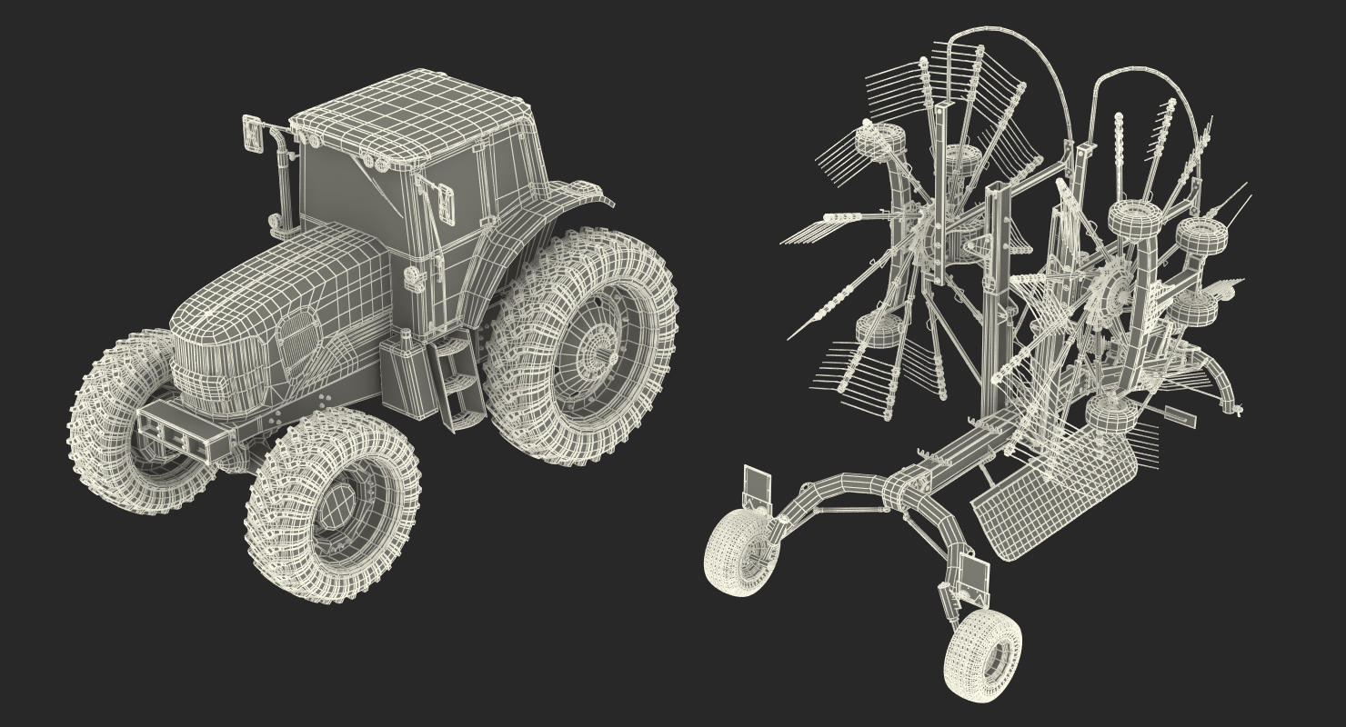 Tractor with Twin Rotor Rake Claas Liner 2700 Parked 3D