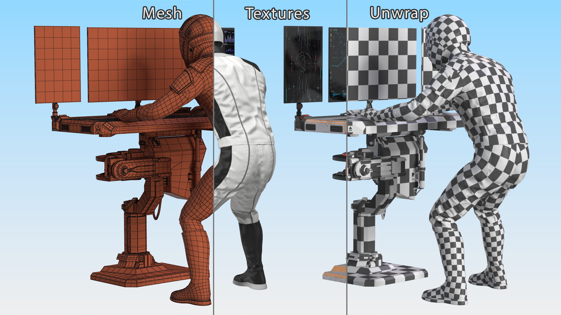 An Astronaut Input Data into Sci-fi Computer 3D model
