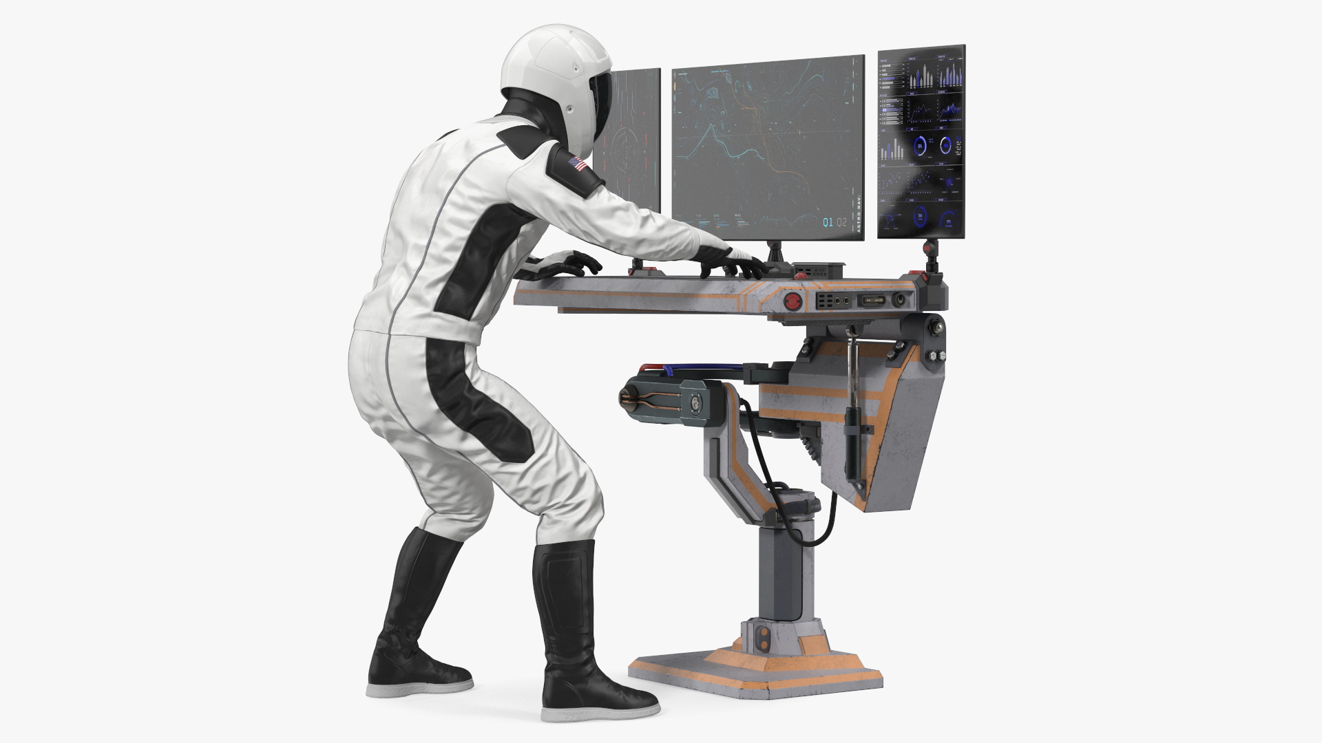 An Astronaut Input Data into Sci-fi Computer 3D model
