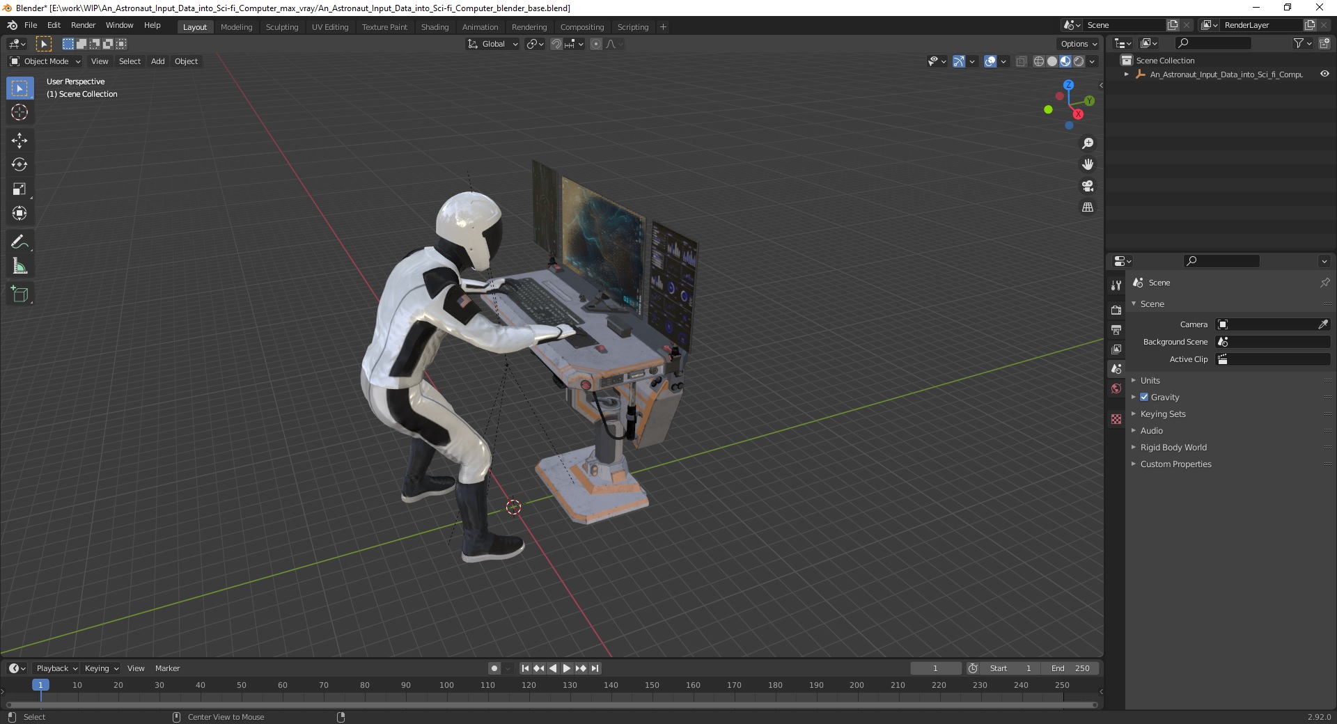 An Astronaut Input Data into Sci-fi Computer 3D model