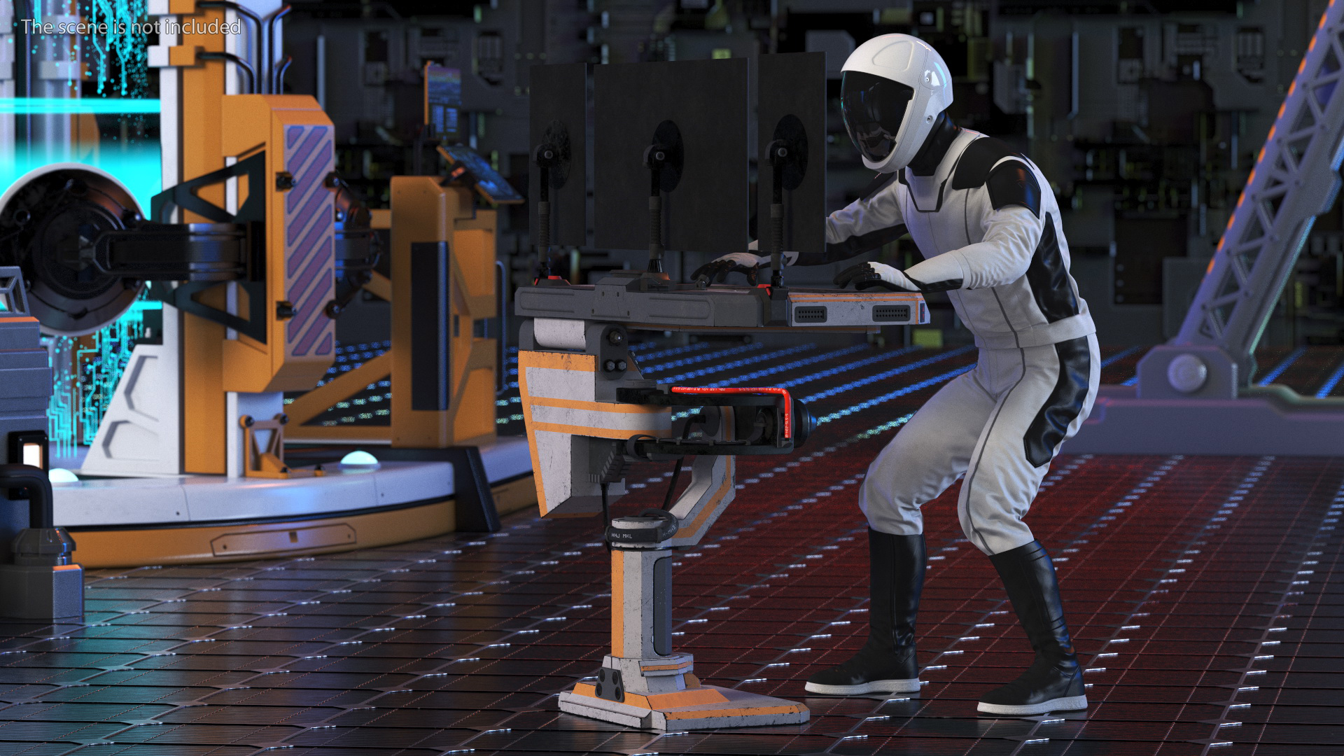 An Astronaut Input Data into Sci-fi Computer 3D model