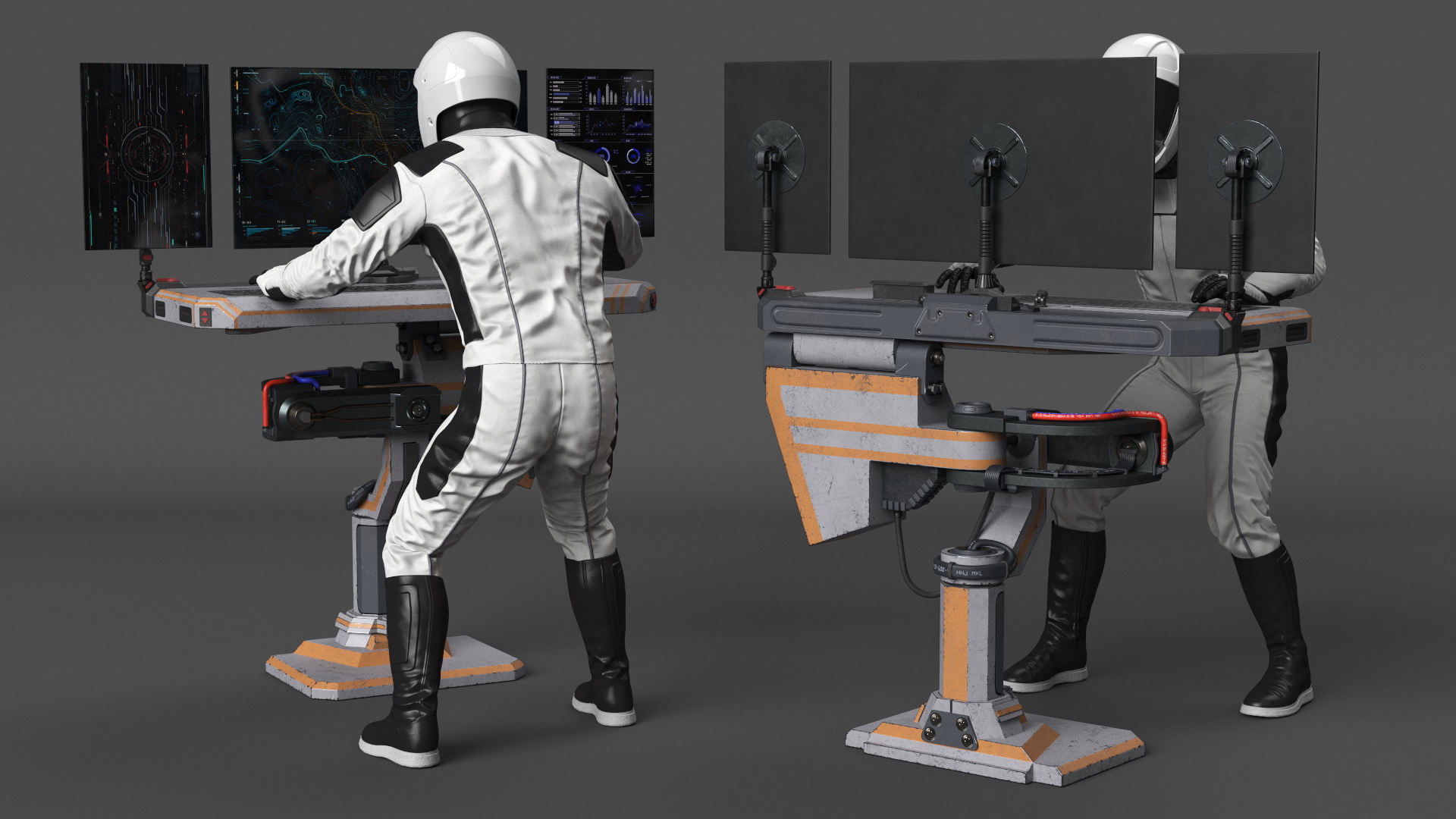 An Astronaut Input Data into Sci-fi Computer 3D model