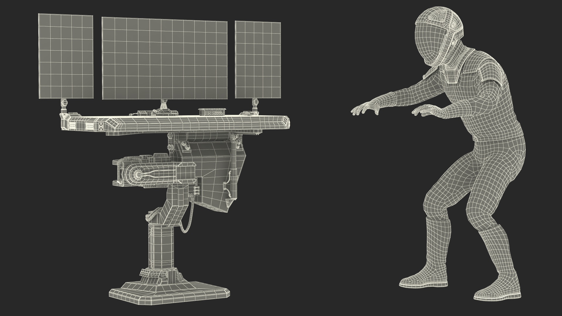 An Astronaut Input Data into Sci-fi Computer 3D model
