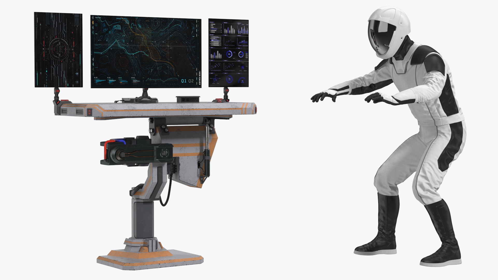 An Astronaut Input Data into Sci-fi Computer 3D model