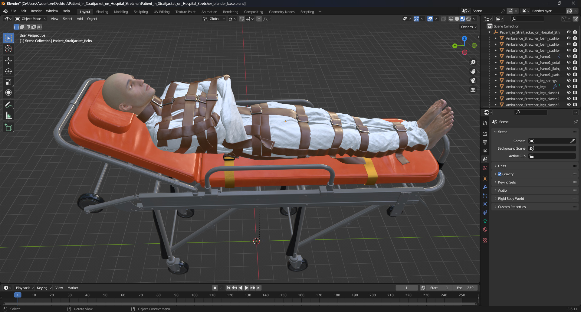 3D model Patient in Straitjacket on Hospital Stretcher
