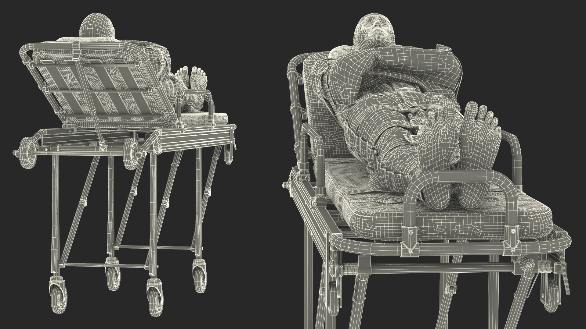 3D model Patient in Straitjacket on Hospital Stretcher