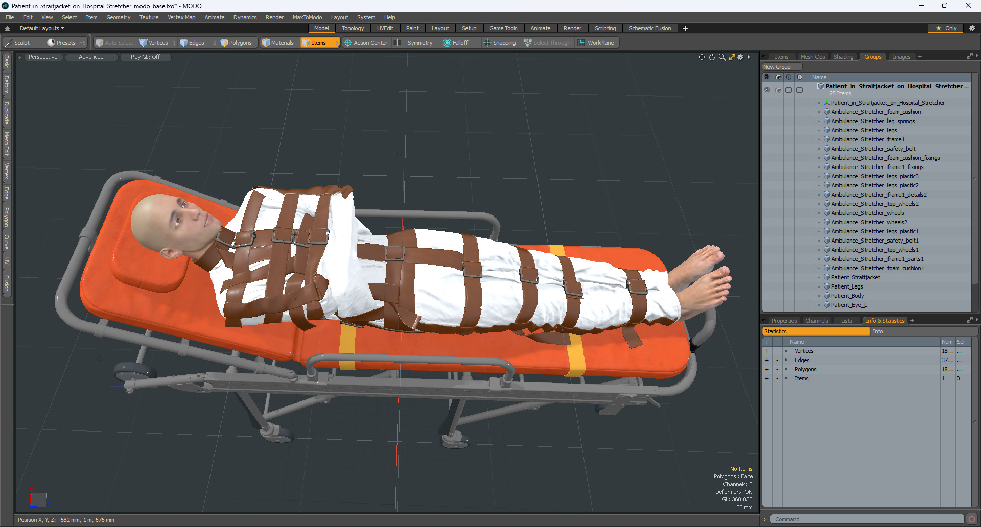 3D model Patient in Straitjacket on Hospital Stretcher