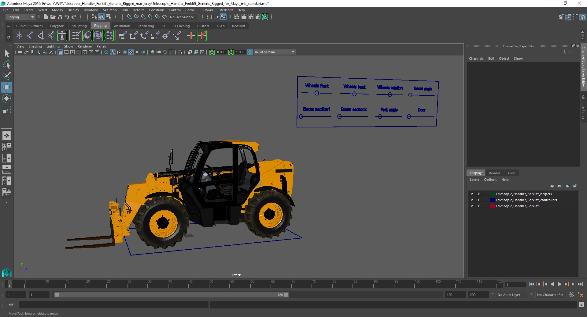 3D Telescopic Handler Forklift Generic Rigged for Maya