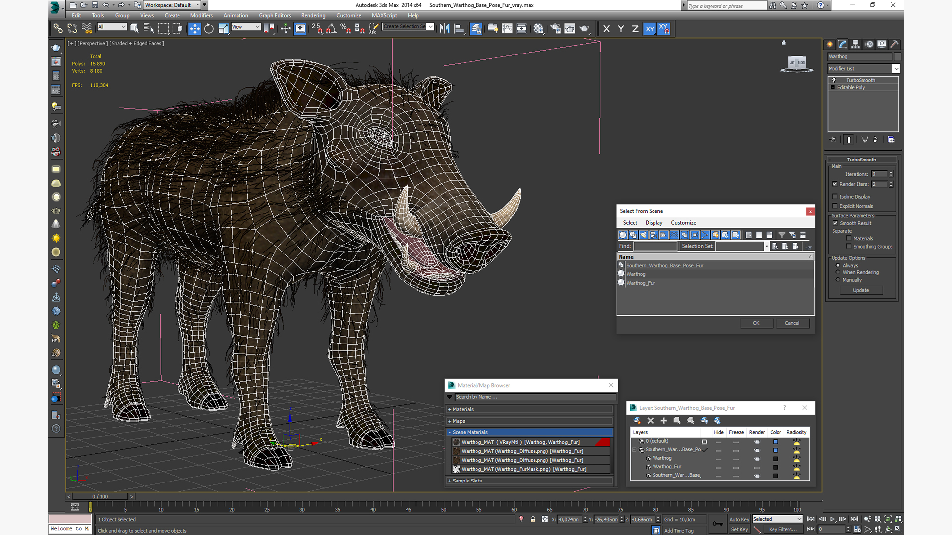 3D model Southern Warthog Base Pose Fur