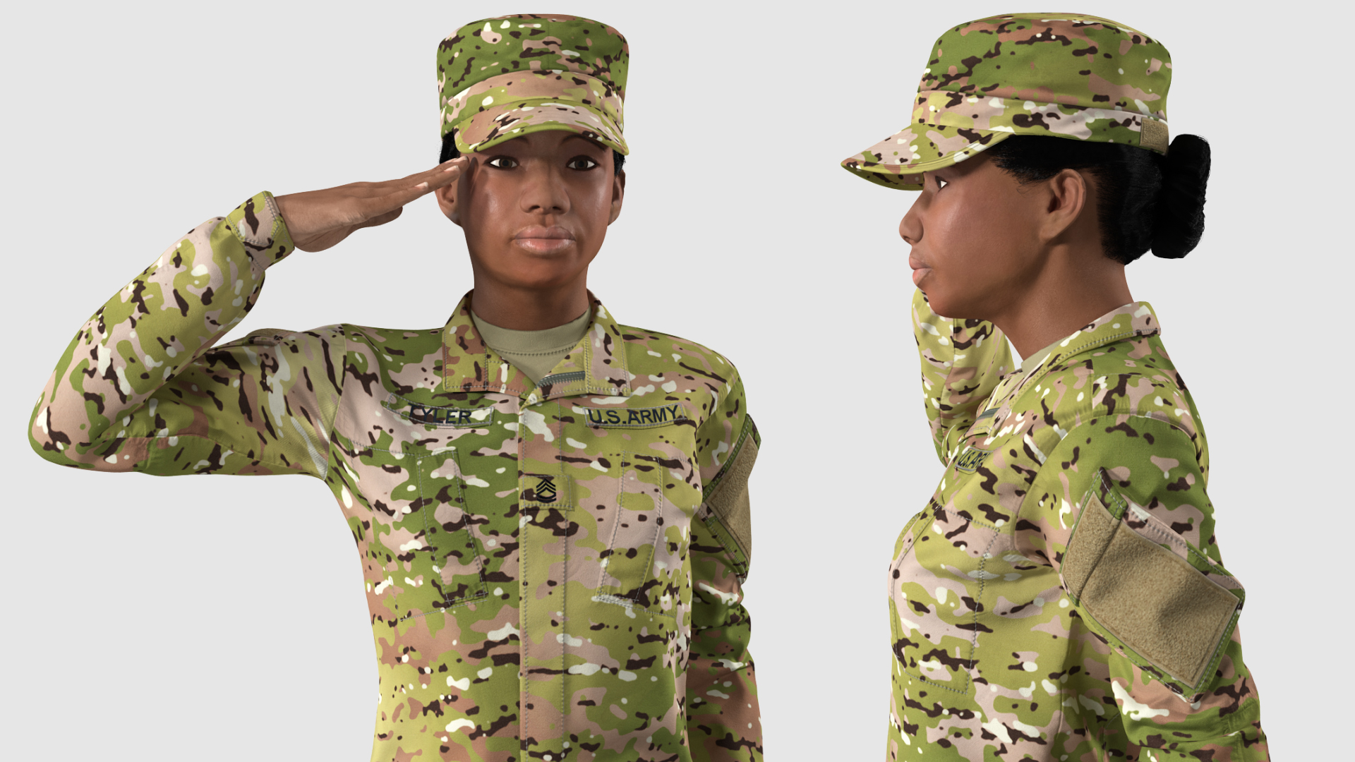 3D model Black Female Soldier Military Camo Fur Rigged