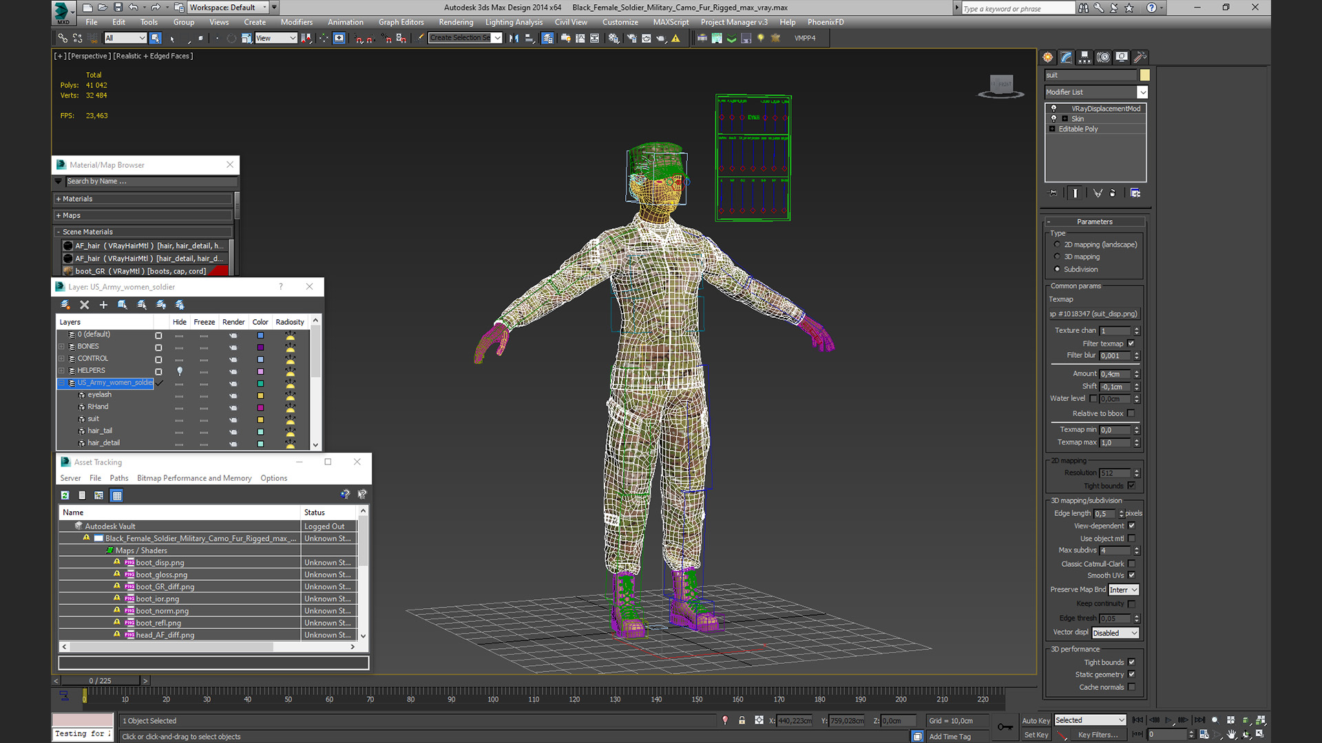 3D model Black Female Soldier Military Camo Fur Rigged