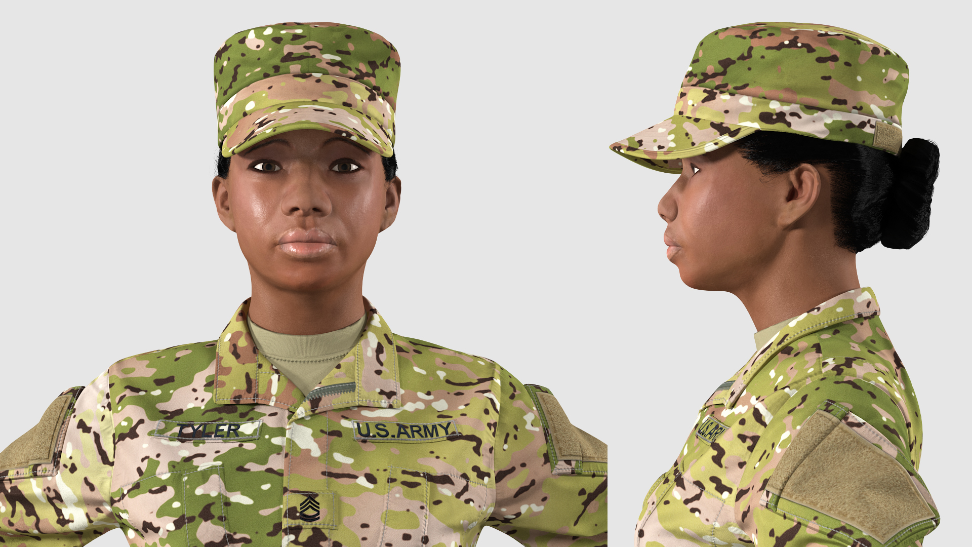 3D model Black Female Soldier Military Camo Fur Rigged