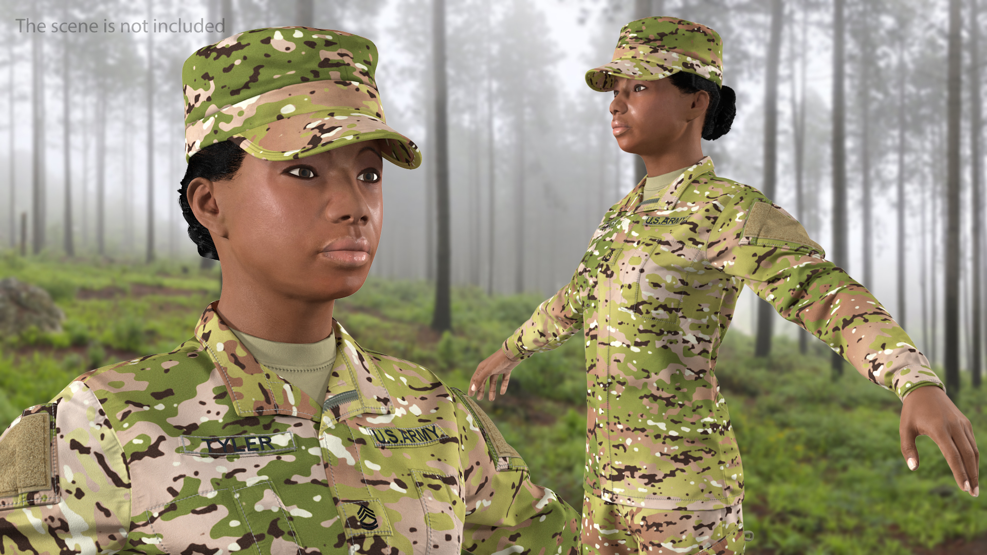 3D model Black Female Soldier Military Camo Fur Rigged