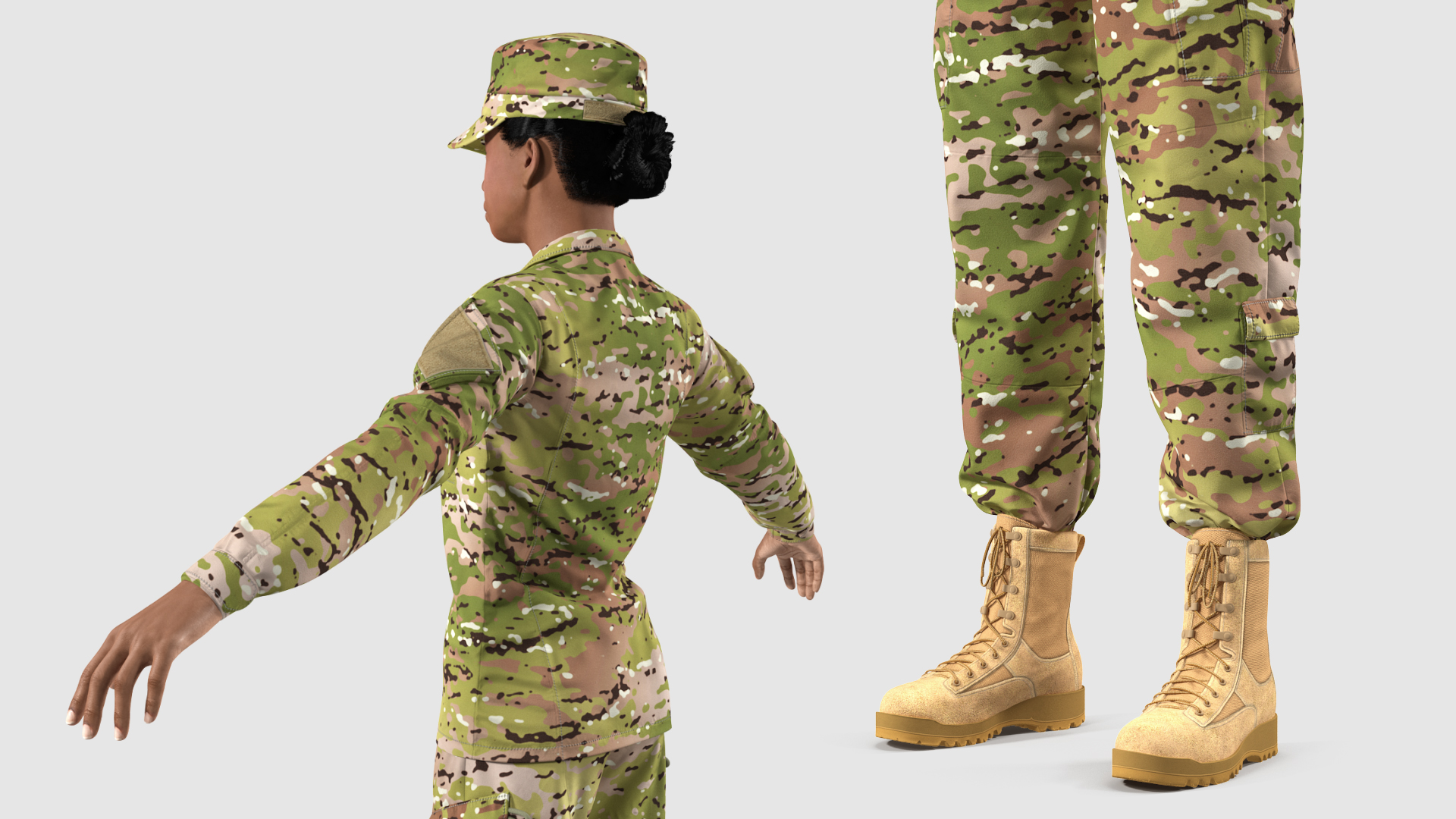 3D model Black Female Soldier Military Camo Fur Rigged