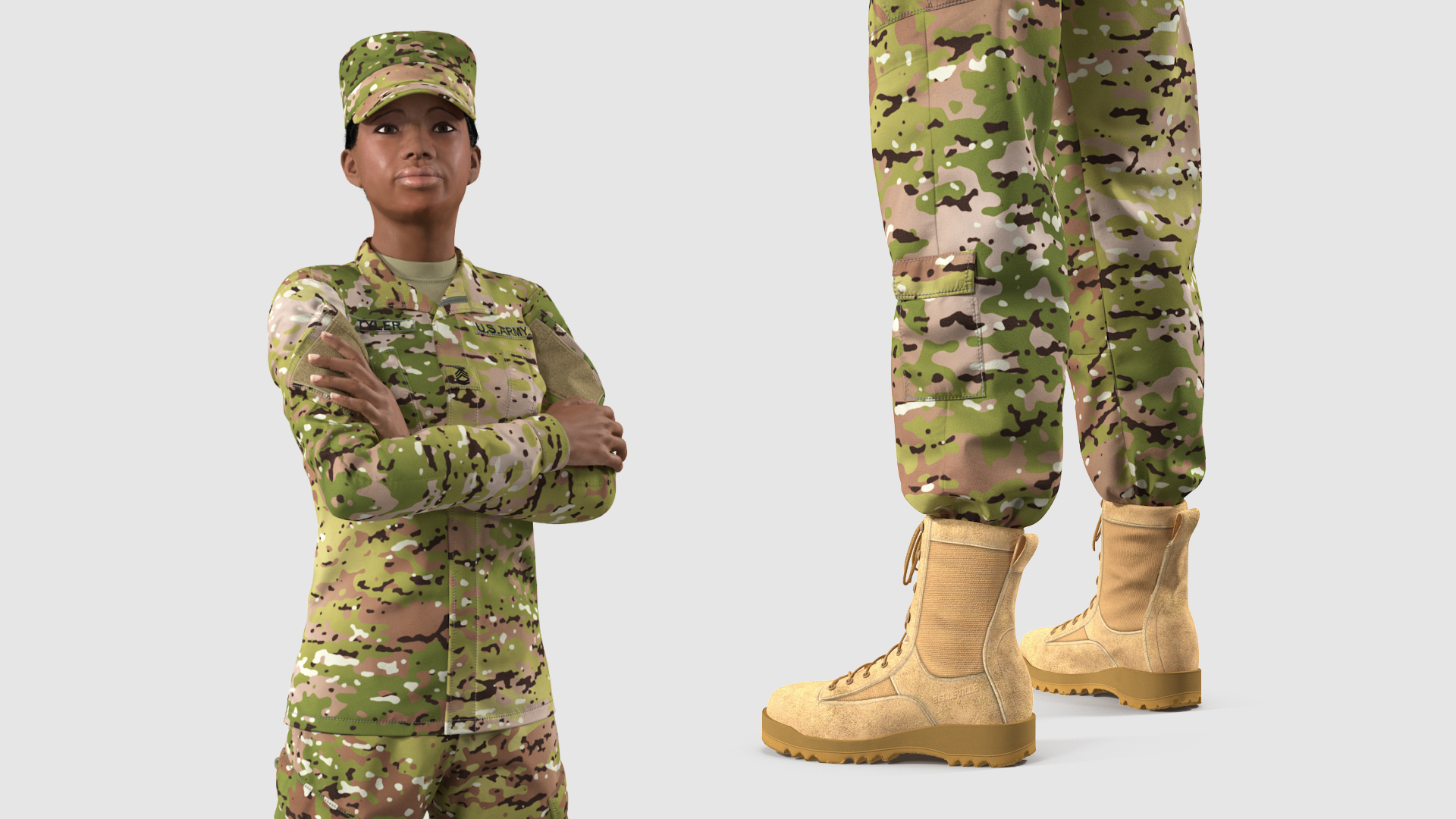3D model Black Female Soldier Military Camo Fur Rigged