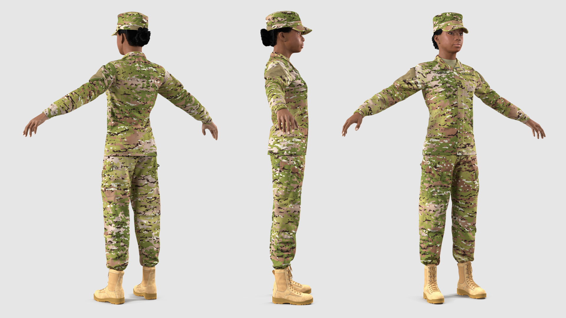 3D model Black Female Soldier Military Camo Fur Rigged