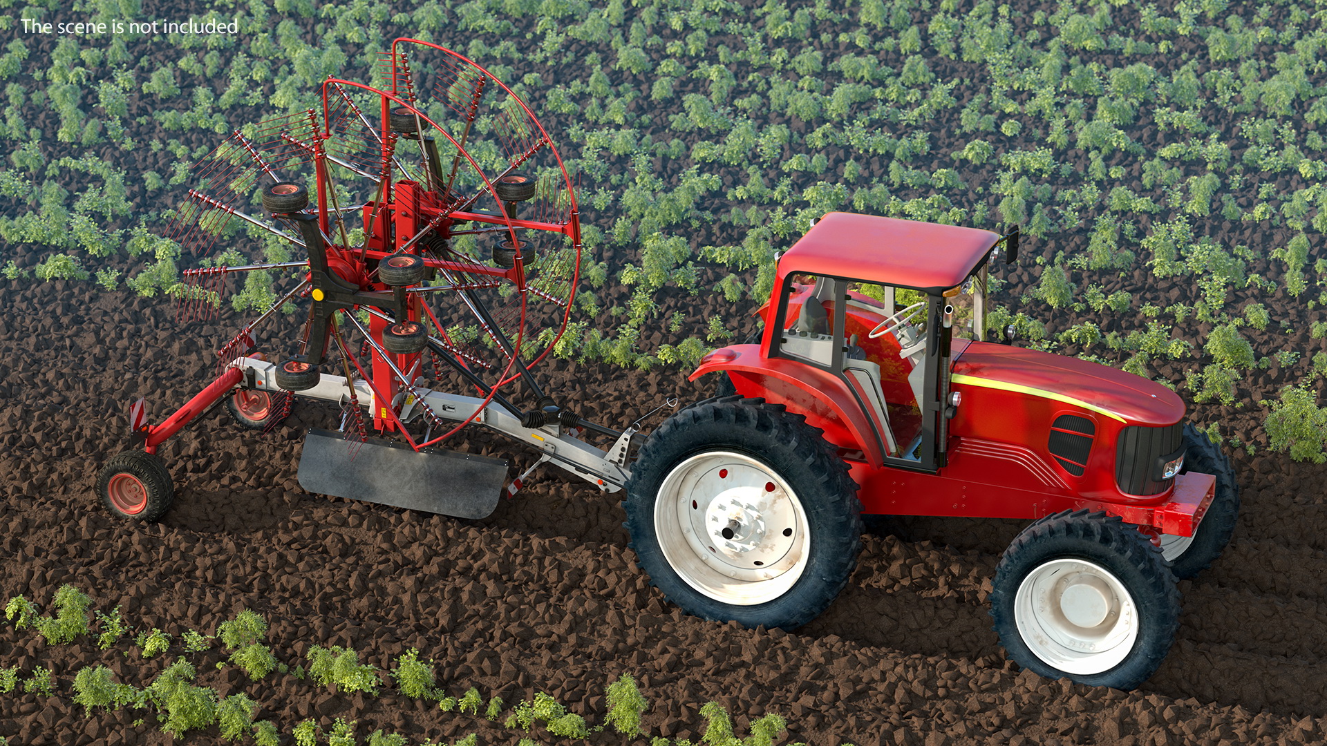 Tractor with Used Twin Rotary Rake Generic Parked 3D model