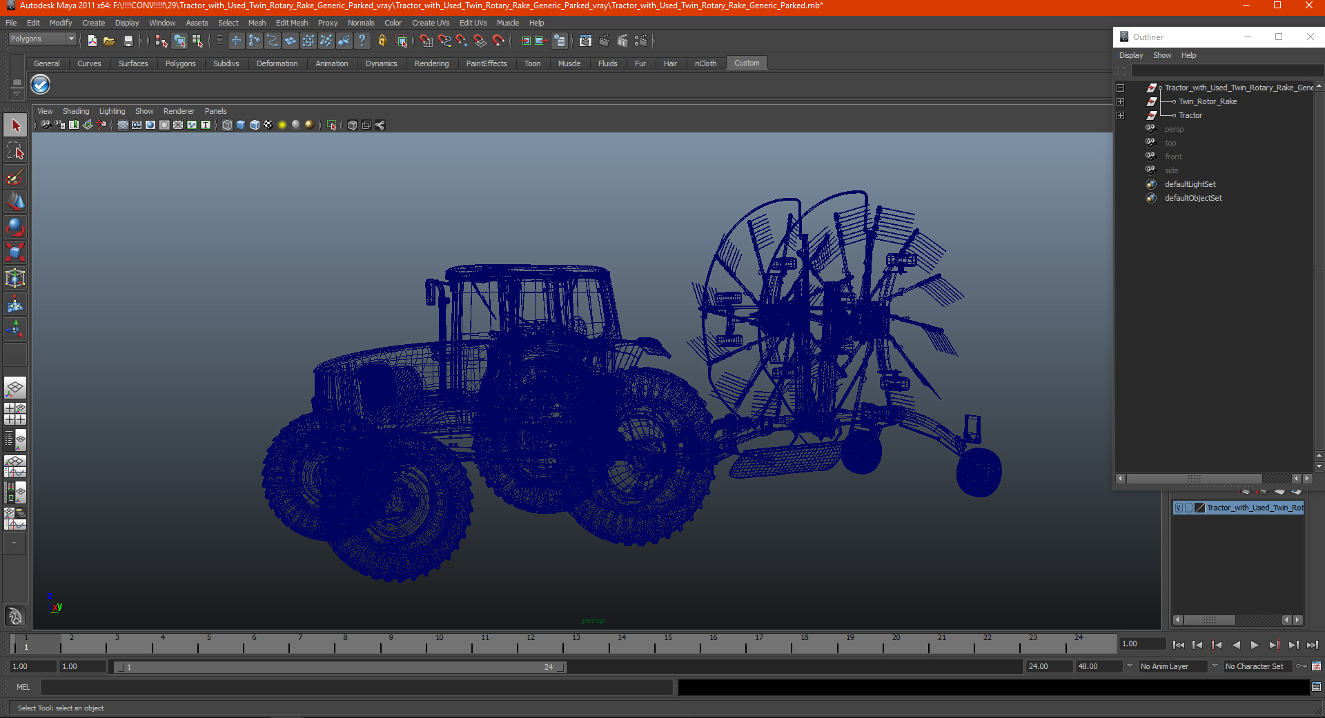 Tractor with Used Twin Rotary Rake Generic Parked 3D model