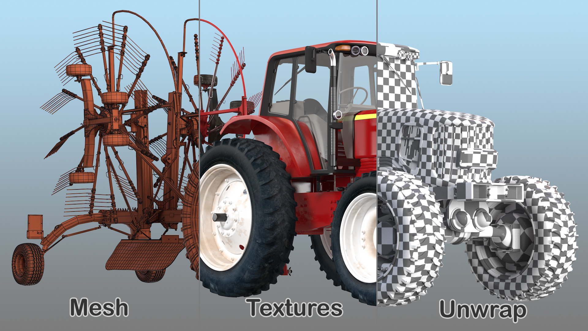 Tractor with Used Twin Rotary Rake Generic Parked 3D model