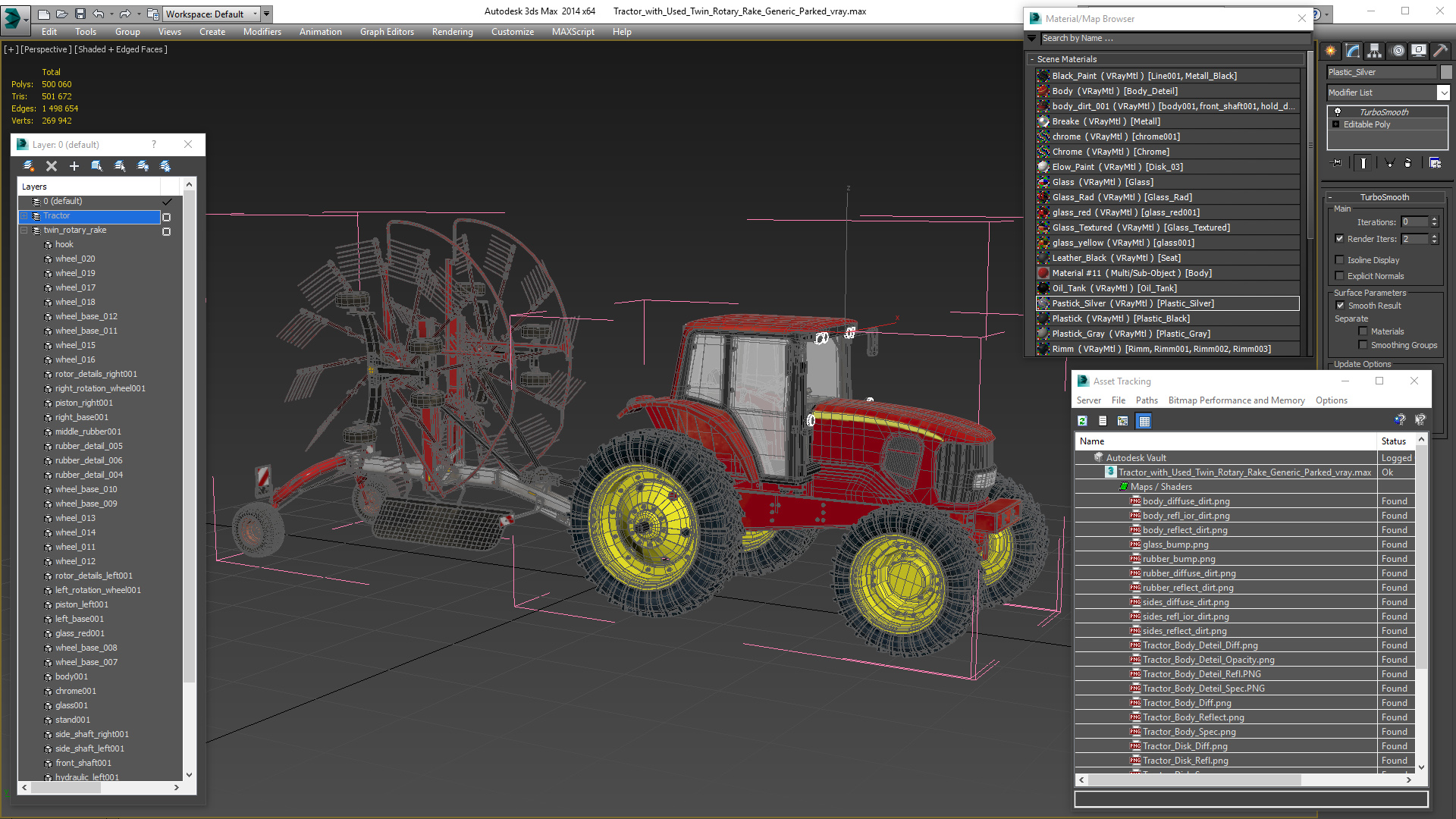 Tractor with Used Twin Rotary Rake Generic Parked 3D model