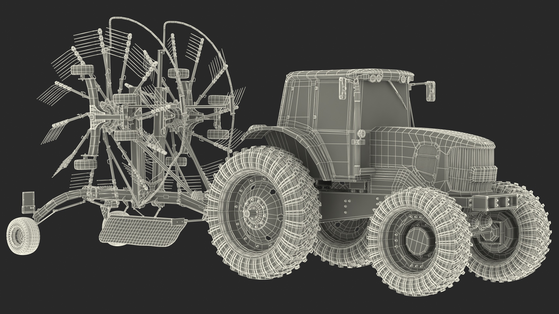 Tractor with Used Twin Rotary Rake Generic Parked 3D model