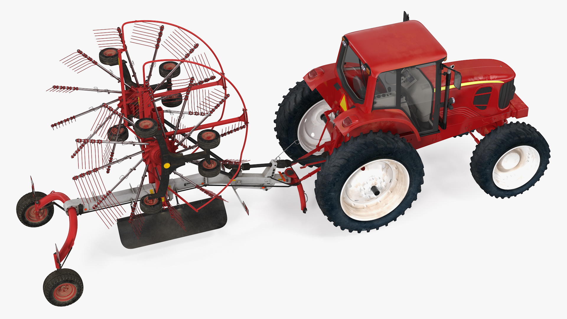 Tractor with Used Twin Rotary Rake Generic Parked 3D model