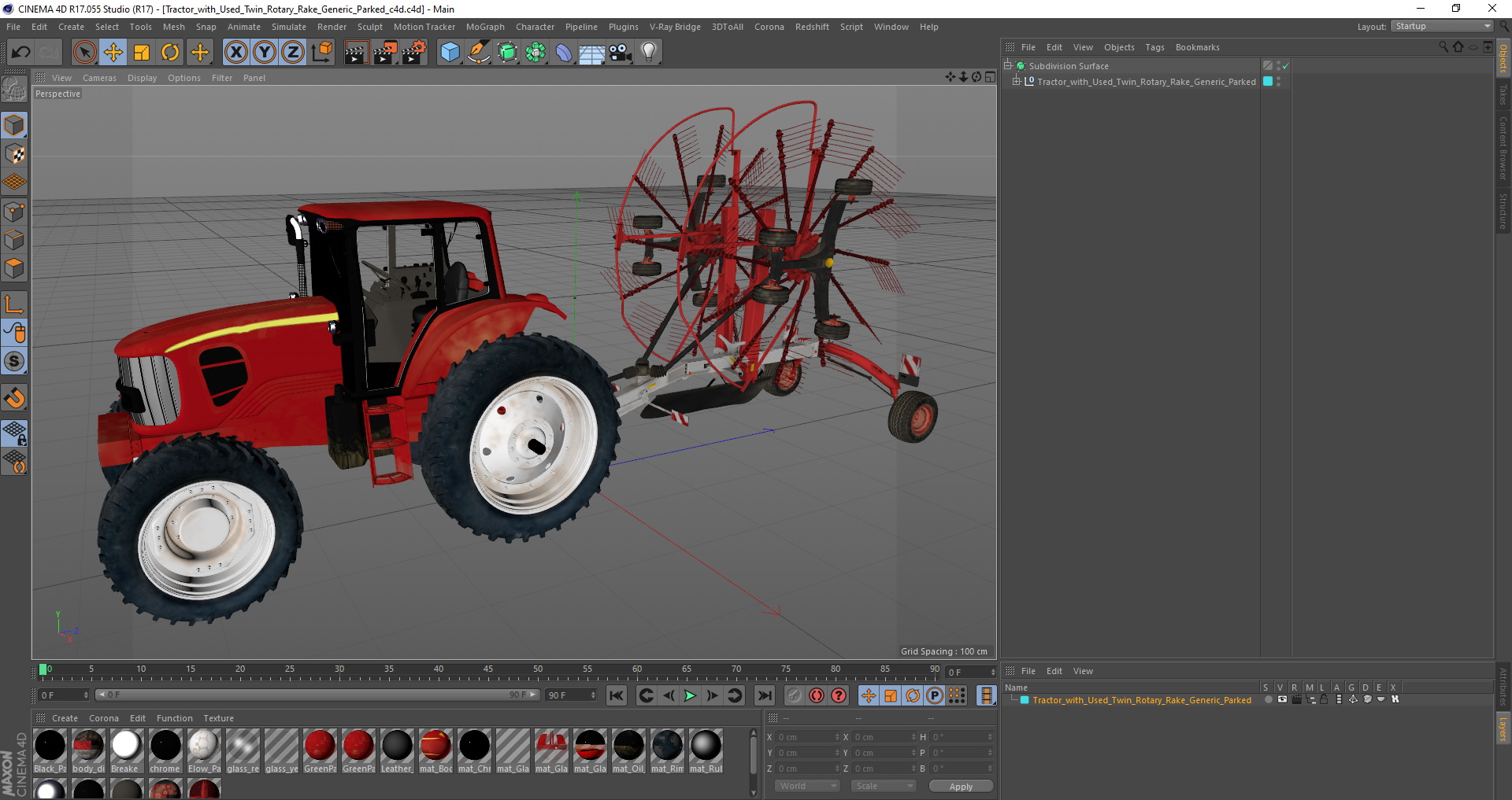 Tractor with Used Twin Rotary Rake Generic Parked 3D model
