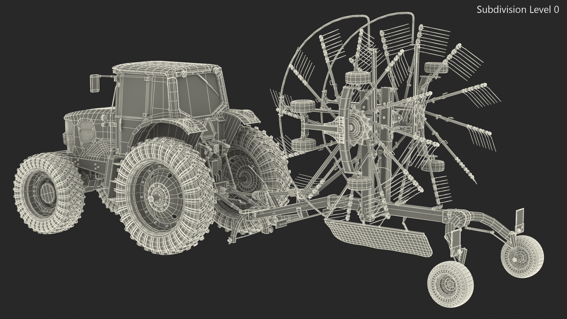 Tractor with Used Twin Rotary Rake Generic Parked 3D model