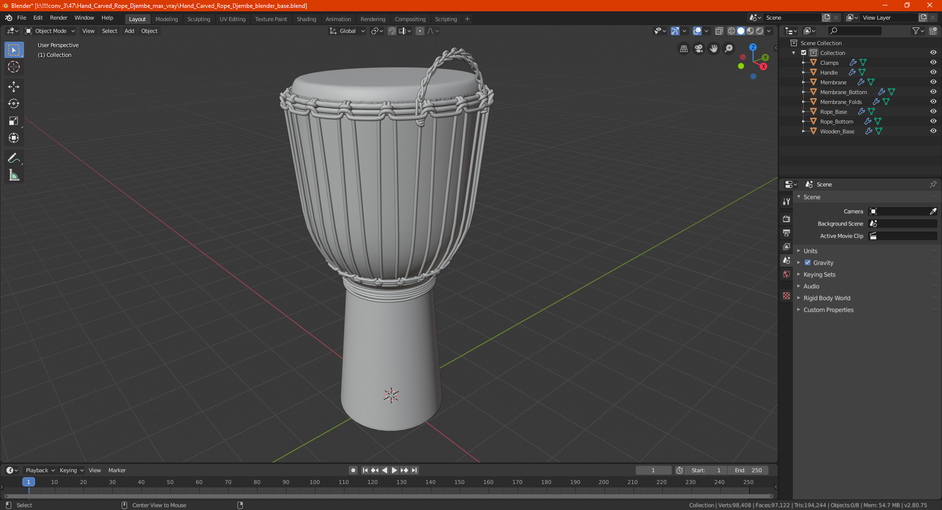 3D Hand Carved Rope Djembe model