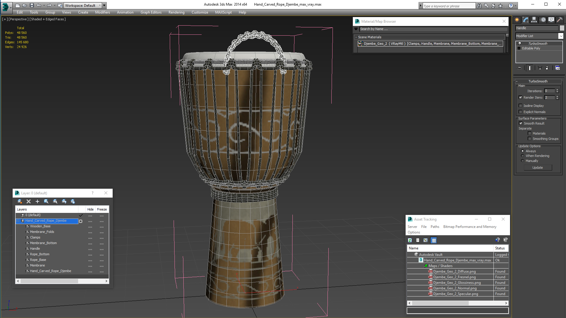 3D Hand Carved Rope Djembe model