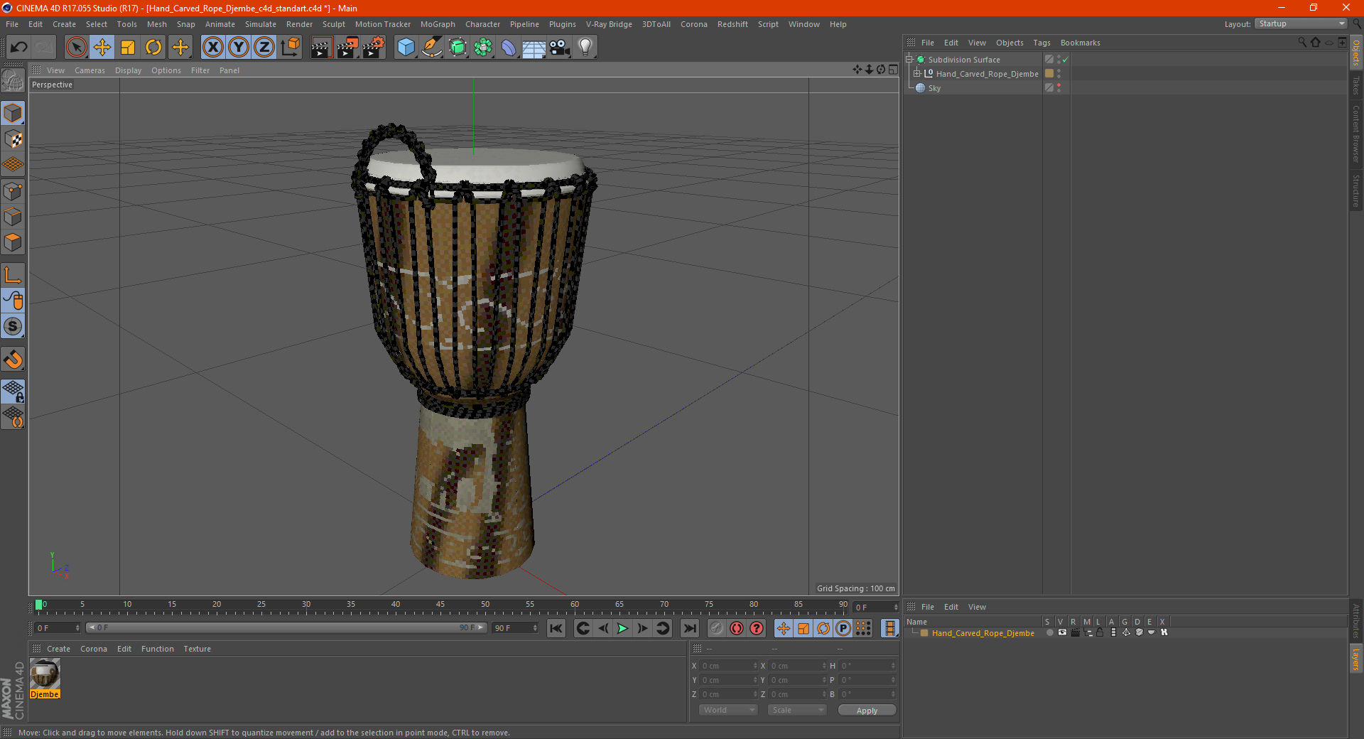 3D Hand Carved Rope Djembe model