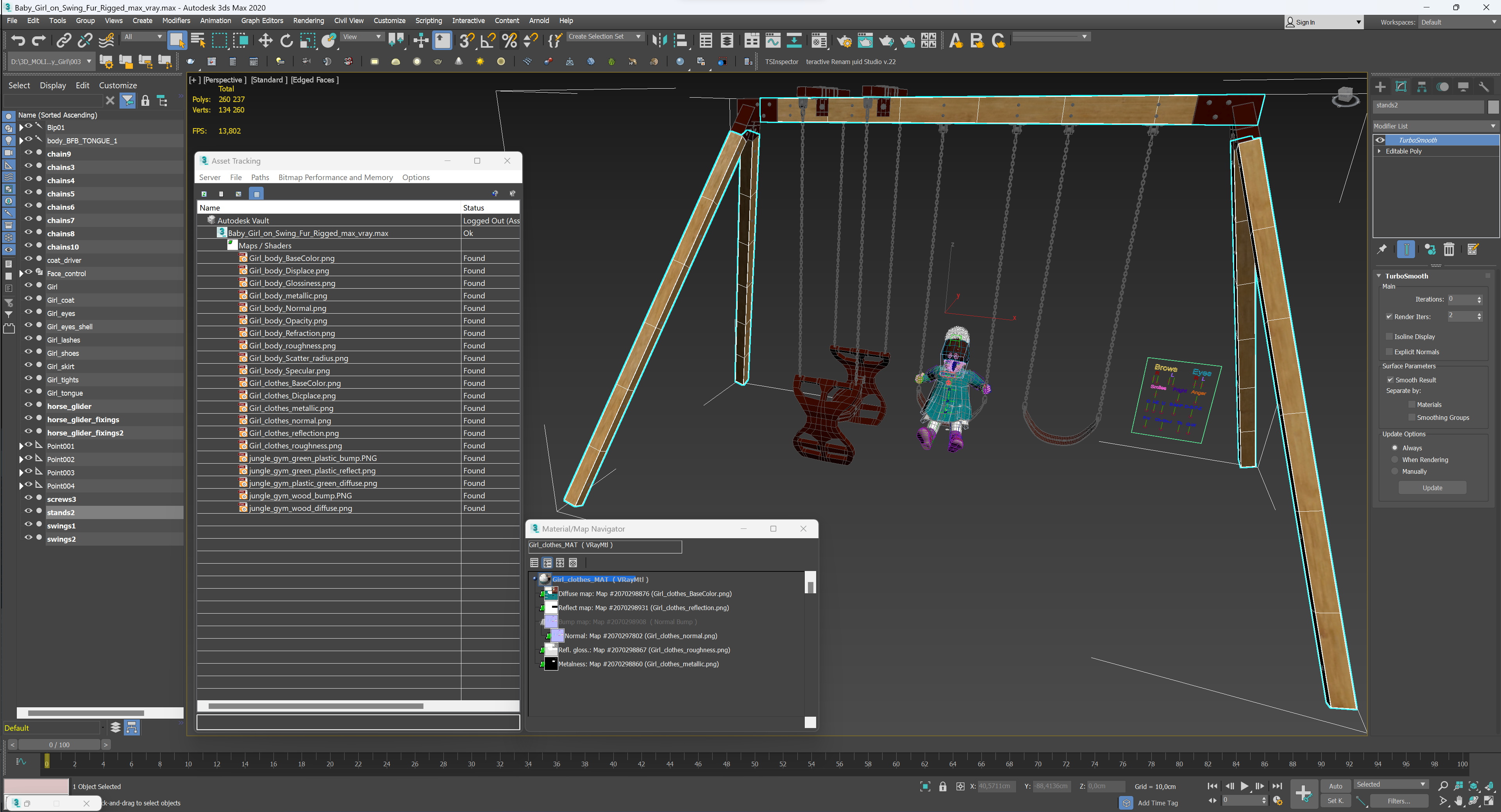 Baby Girl on Swing Fur Rigged 3D model