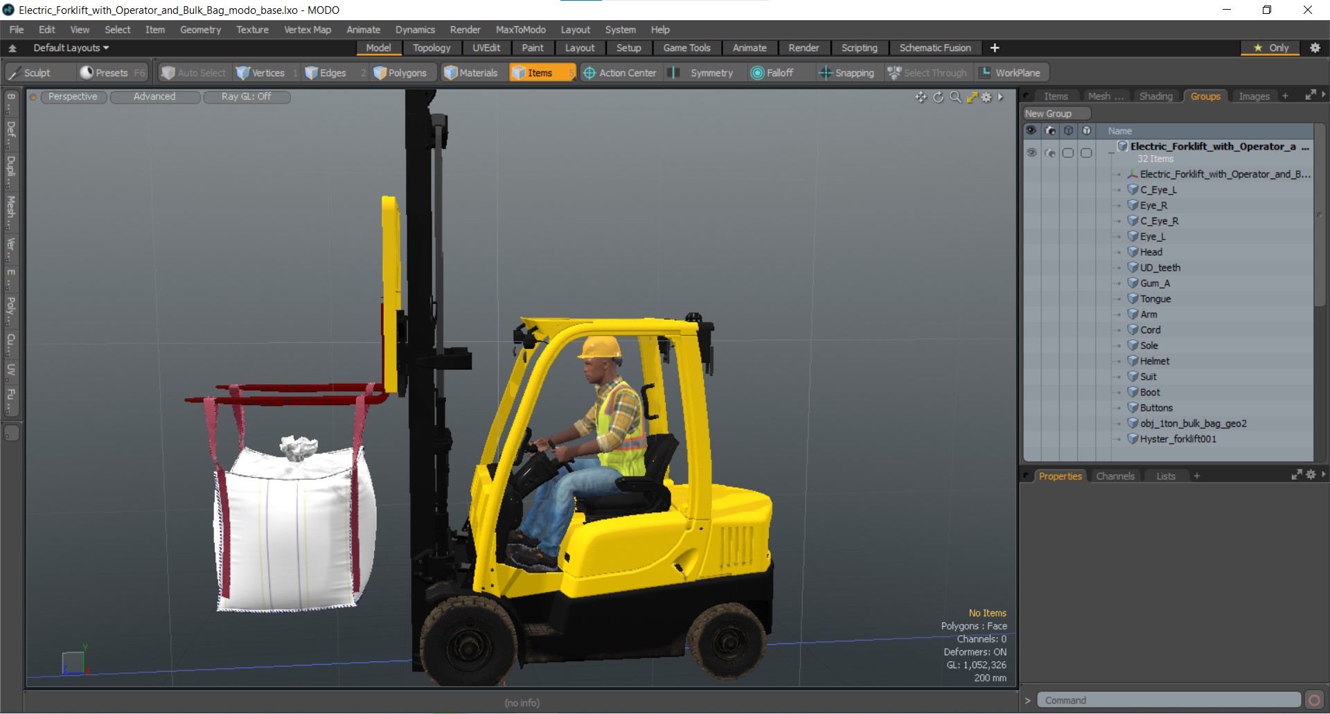 Electric Forklift with Operator and Bulk Bag 3D model