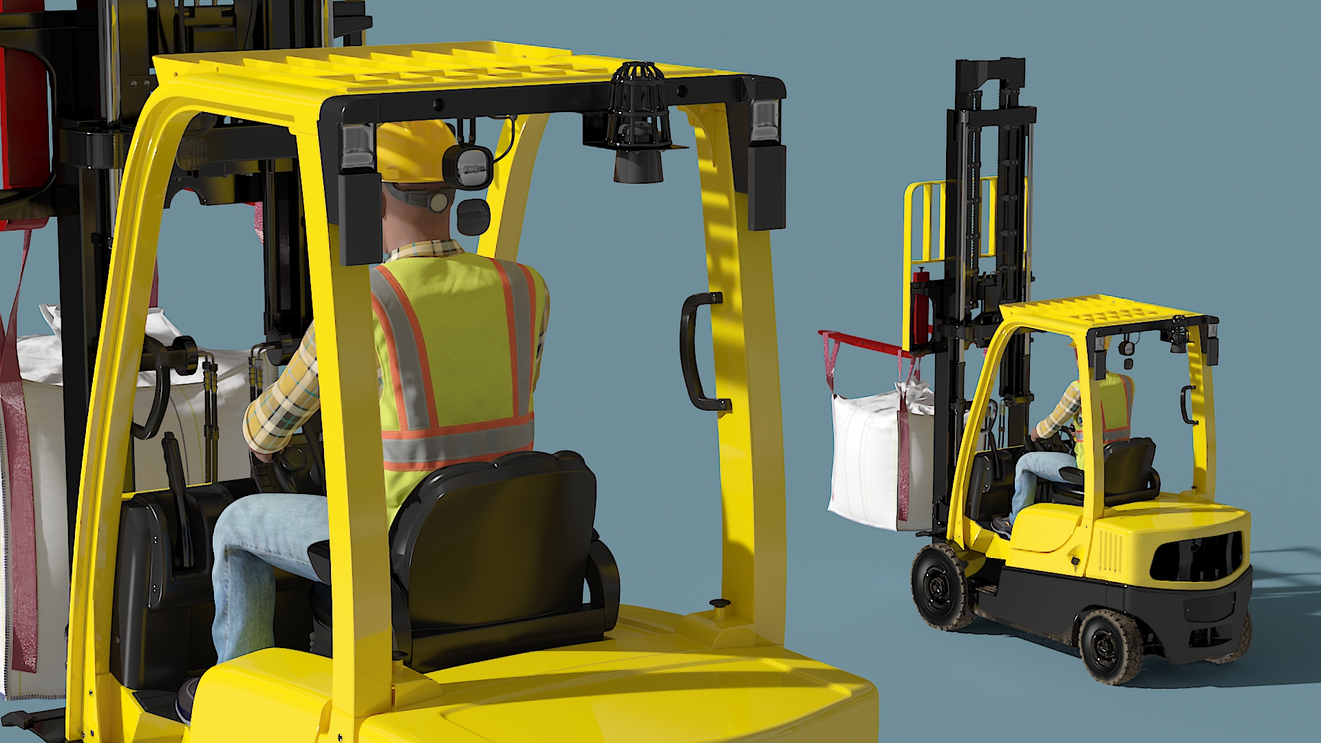 Electric Forklift with Operator and Bulk Bag 3D model