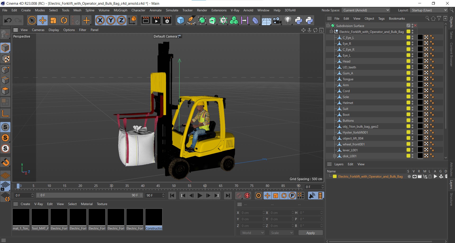 Electric Forklift with Operator and Bulk Bag 3D model
