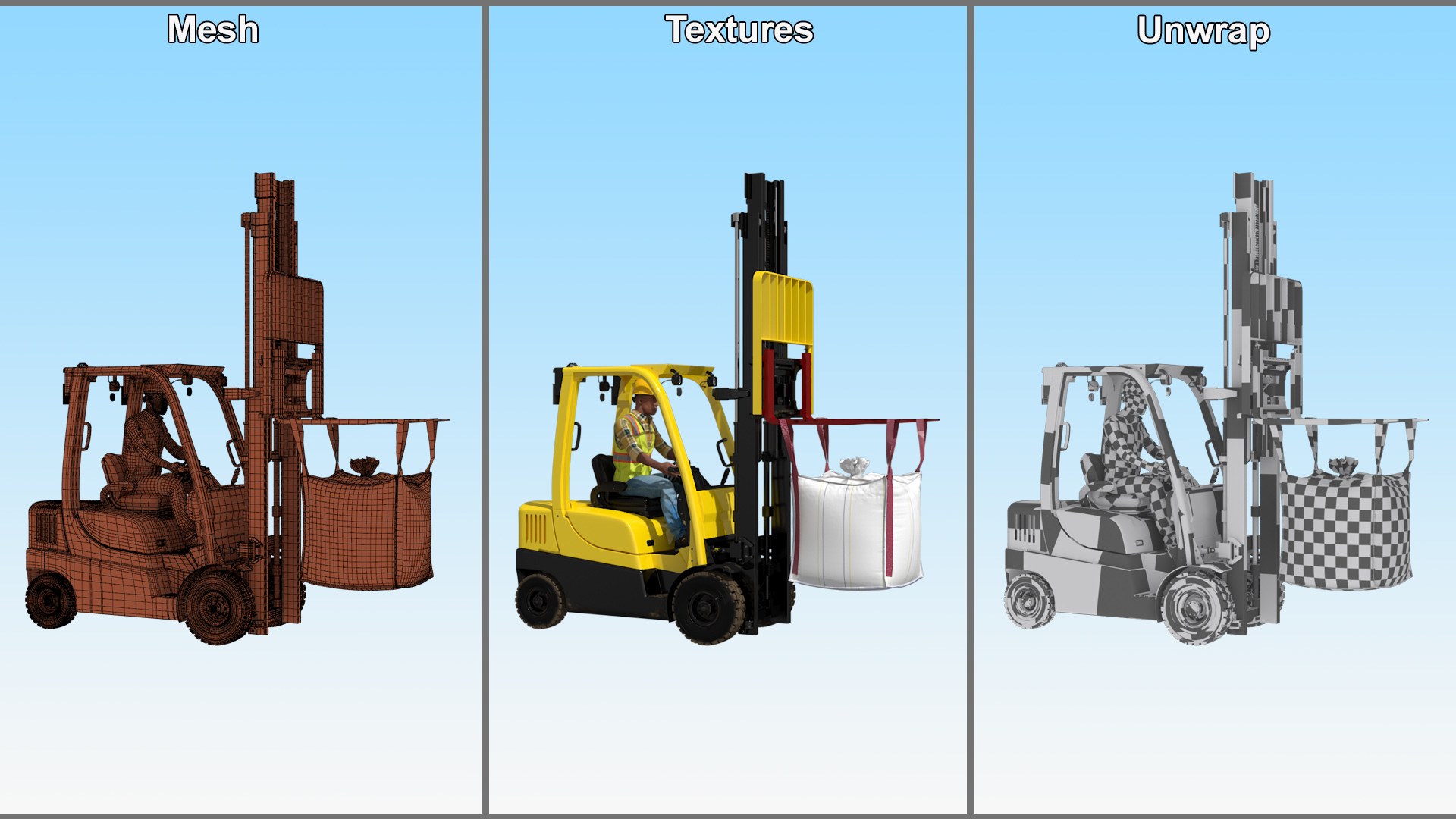 Electric Forklift with Operator and Bulk Bag 3D model