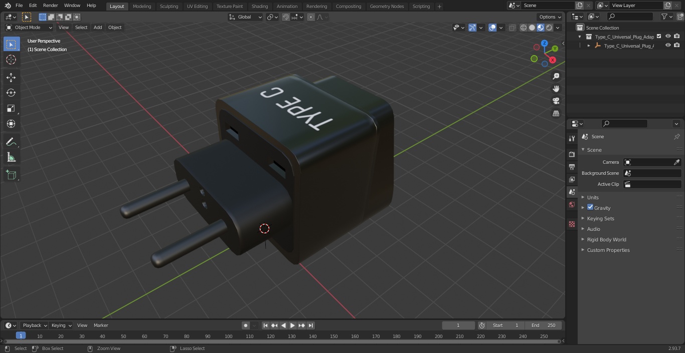 3D model Type C Universal Plug Adapter Black
