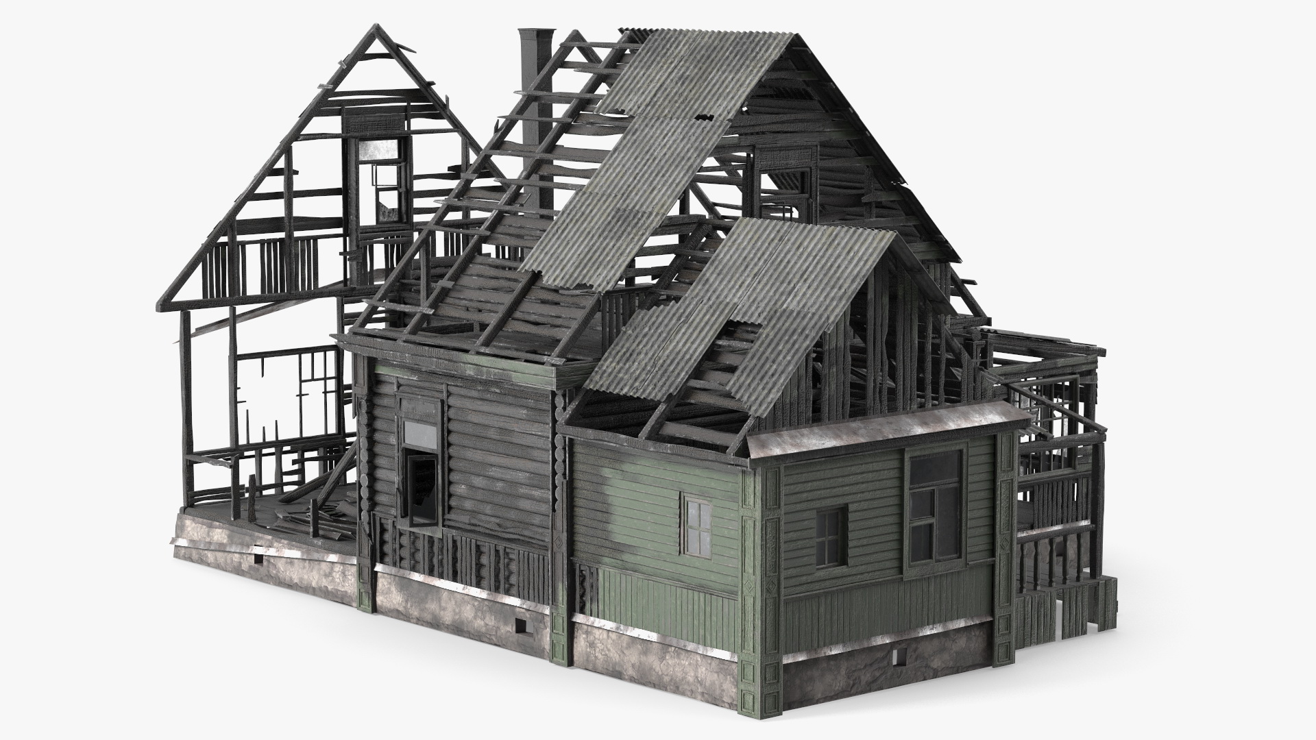 Burnt Wooden Down House Green 3D model