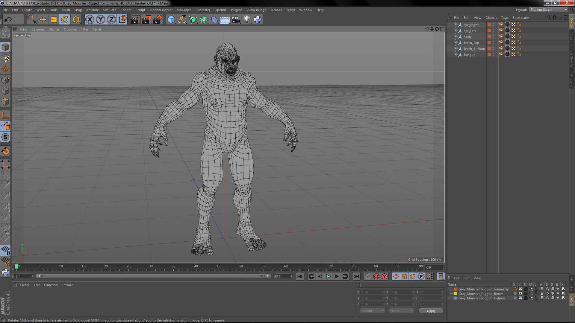3D Grey Monster Rigged for Cinema 4D model