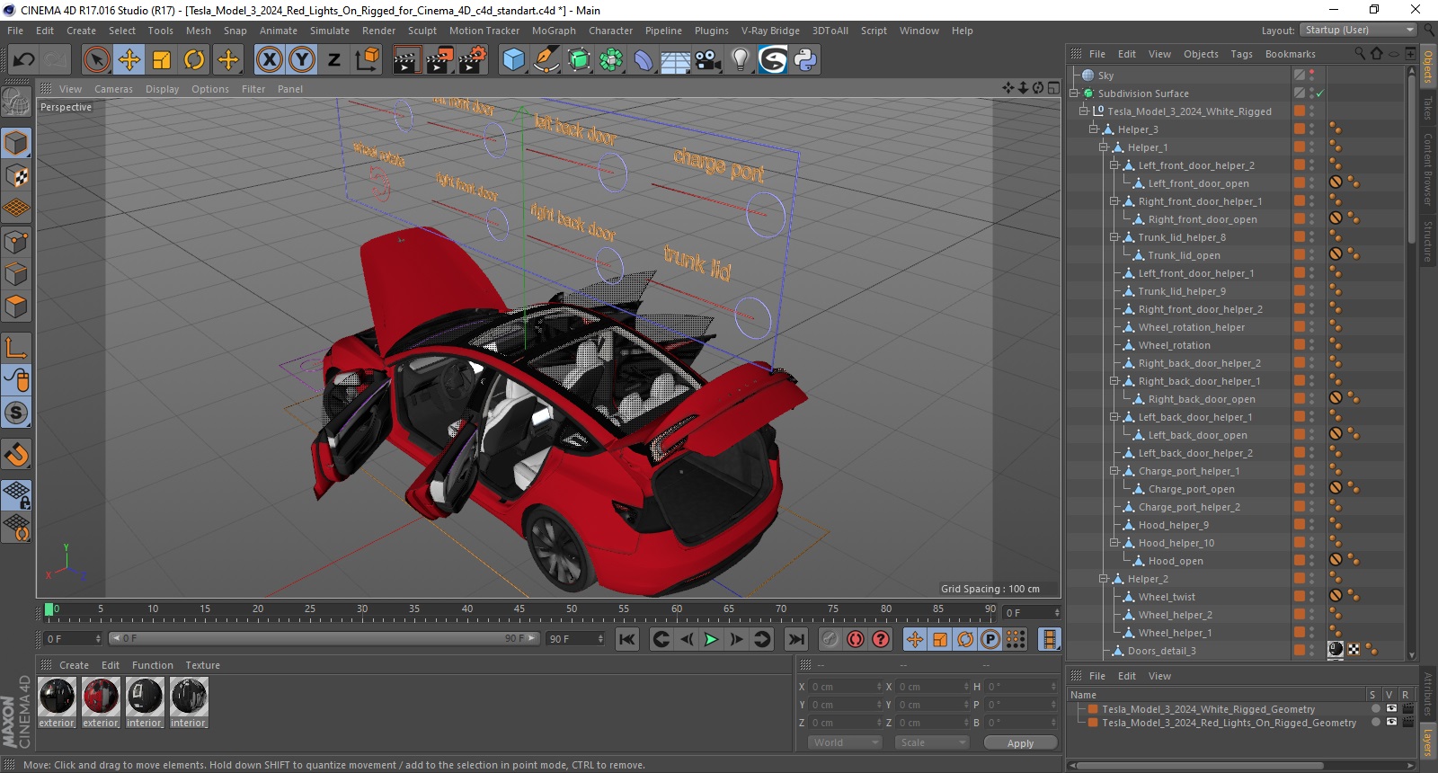 3D Tesla Model 3 2024 Red Lights On Rigged for Cinema 4D model