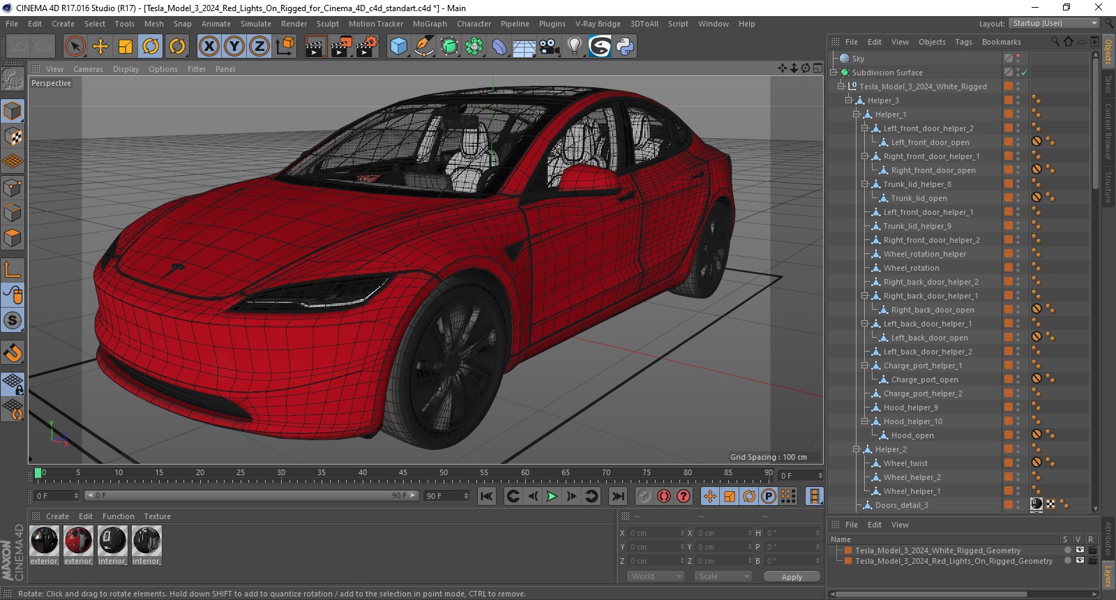 3D Tesla Model 3 2024 Red Lights On Rigged for Cinema 4D model