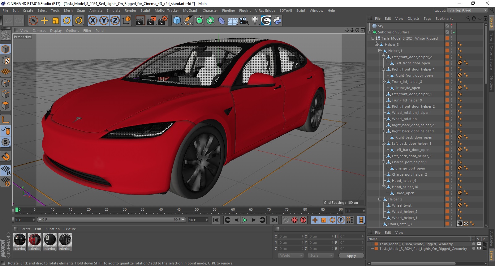 3D Tesla Model 3 2024 Red Lights On Rigged for Cinema 4D model