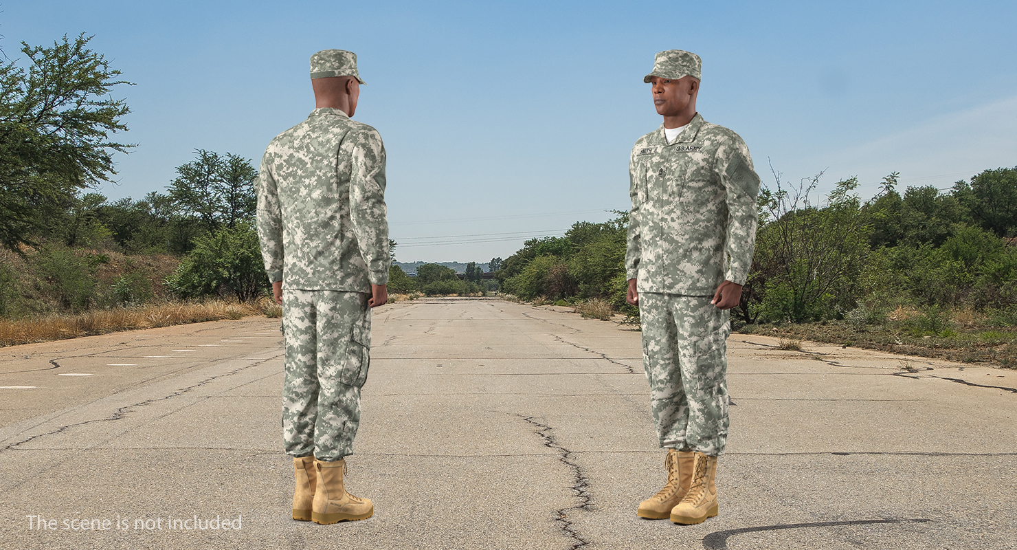 African American US Soldier Standing at Attention ACU Fur 3D