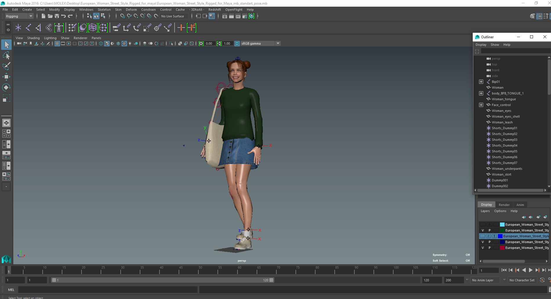3D European Woman Street Style Rigged for Maya model